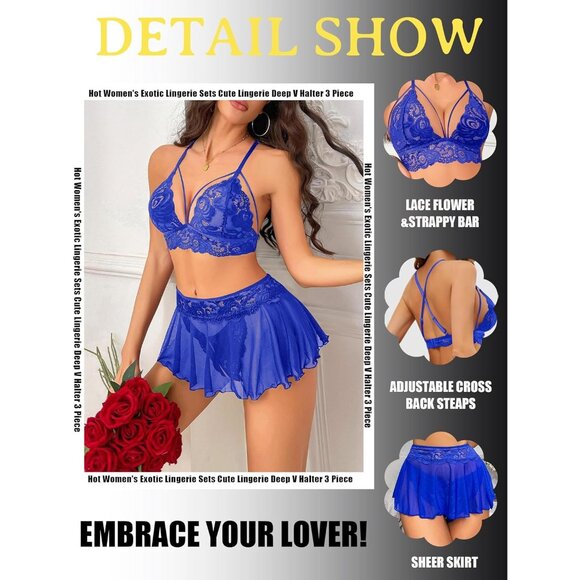 Sexy Blue Lingerie for Women 3 Piece Lace Bra Panty Set Strappy Lingerie Skirt - Picture 3 of 6